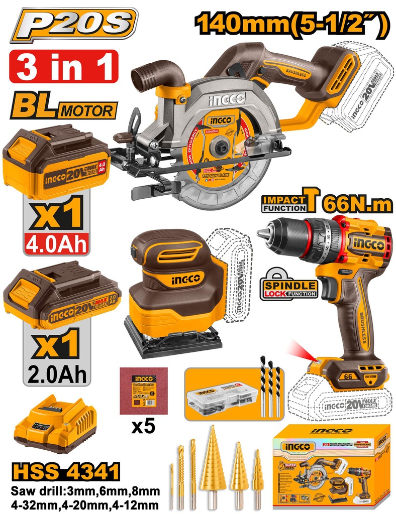 INGCO PACK DE 3 MACHINES VISSEUSE/SCIE CIRCULAIRE/PONCEUSE 2 BATT 2AH/4AH   