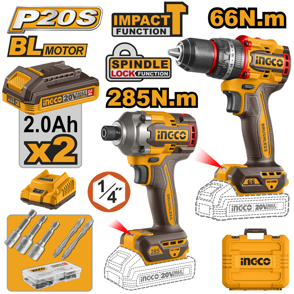 INGCO PACK SCREWDRIVER 20V 66NM AND IMPACT SCREWDRIVER 20V