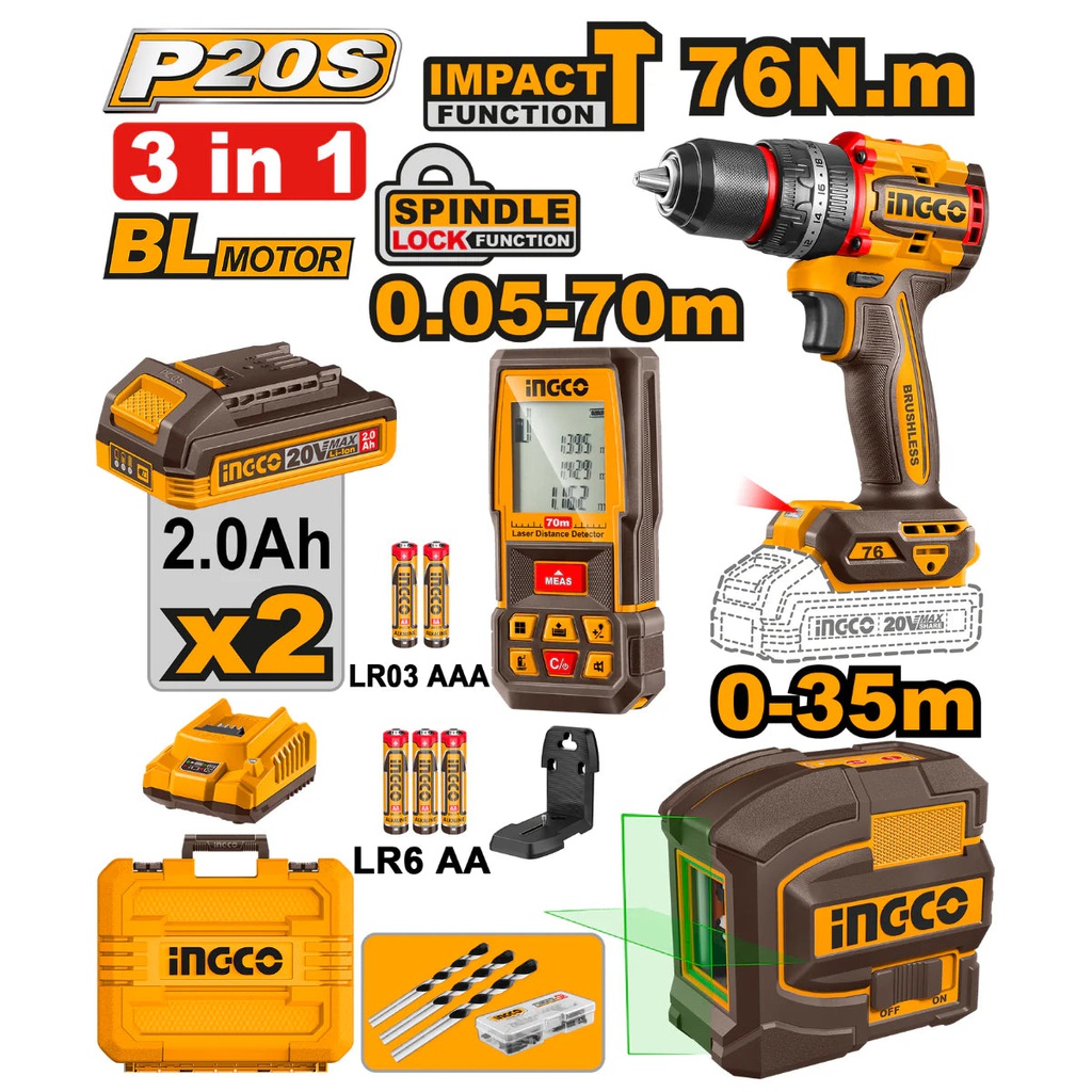INGCO حزمة مفك كهربائي 76NM + مقياس مسافة ليزر 70M + ميزان ليزر 2L