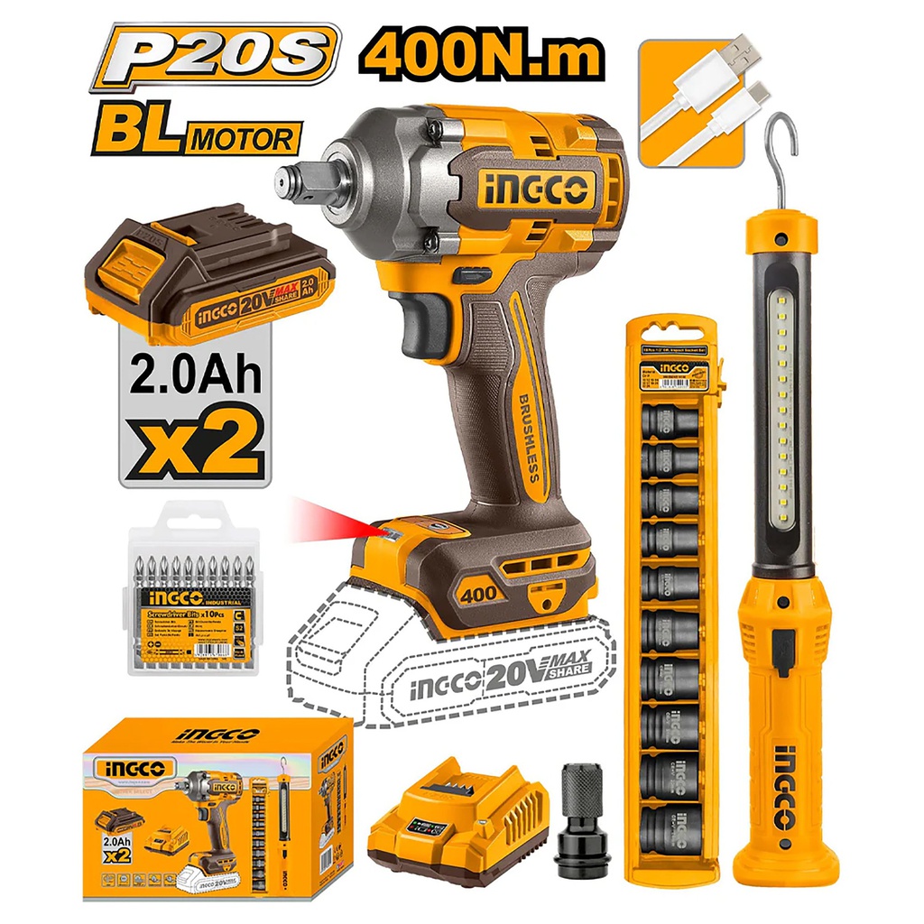 INGCO PACK BOULONNEUSE 400NM BRUSHLESS 20V+10 DOUILLES+BALADEUSE  