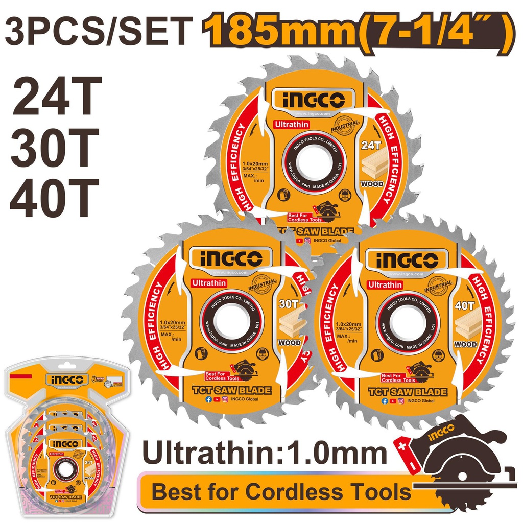 INGCO SET OF 3 BLADE CIRCULAR SAW 185MM 24T-30T-40T