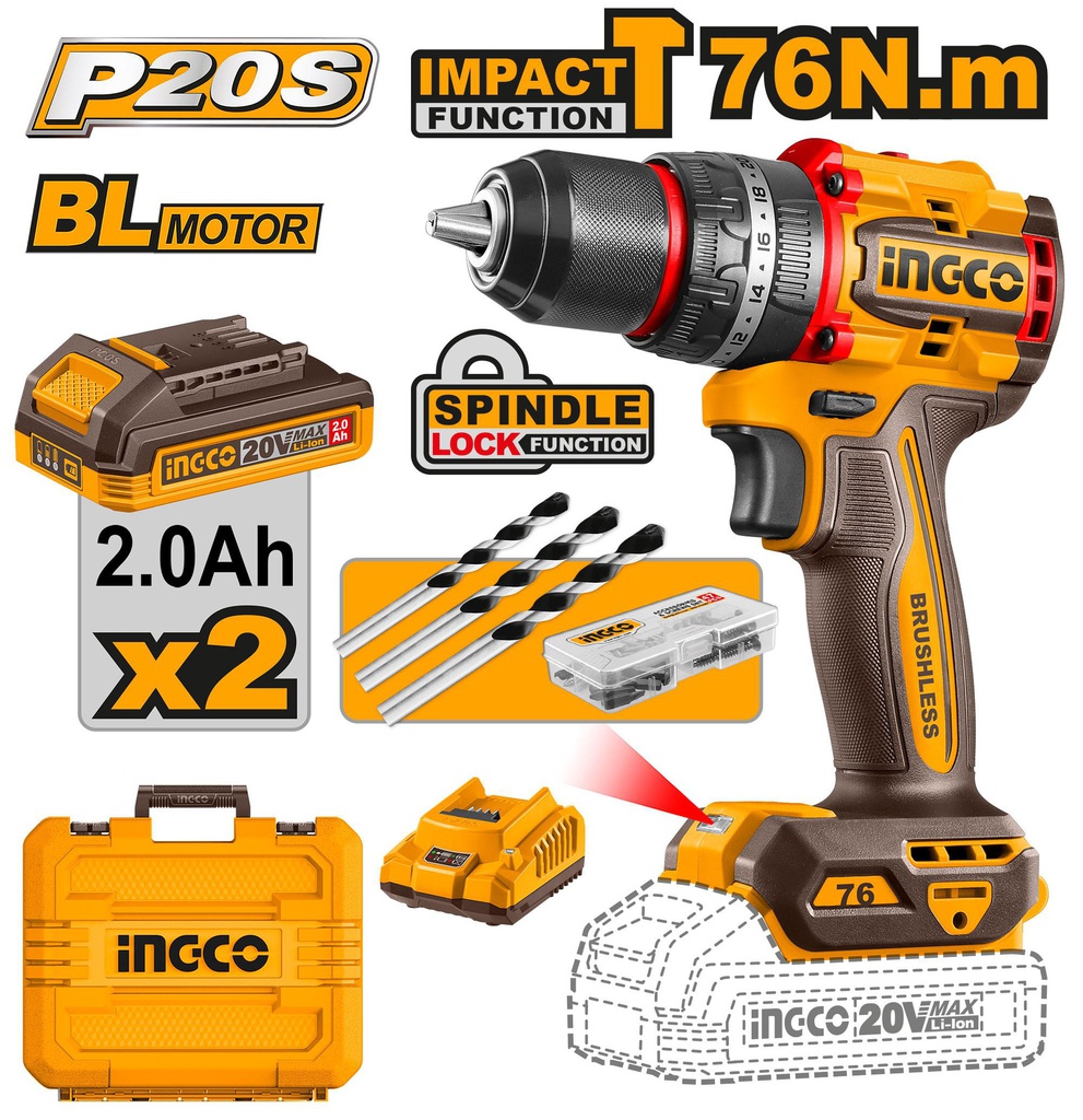 INGCO PERCEUSE VISSEUSE 20V 66NM 2 BATT BRUSHLESS [CIDLI20768]