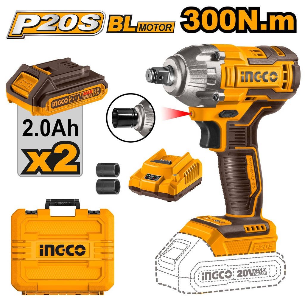 INGCO IMPACT IMPACT WRENCH 300NM WITHOUT CARBON BRUSH 20V+2 BATT