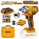 INGCO BOULONNEUSE A CHOC 300NM SANS CHARBON 20V+2 BAT 