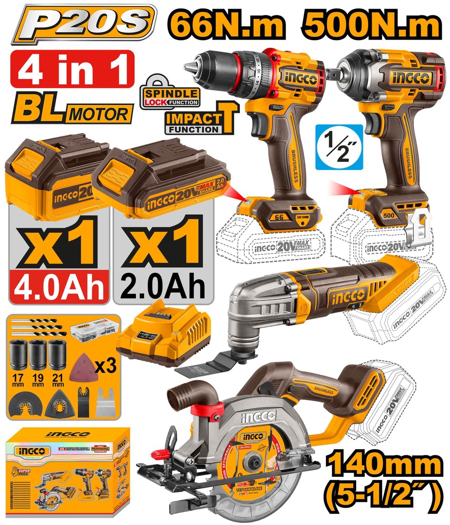 INGCO PACK DE 4 MACHINES PERCEUSE+SCIE CIRCULAIRE+BOULONNEUSE+MULTIFONCTION  