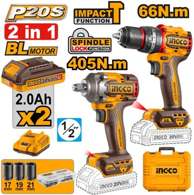 INGCO PACK 2 MACHINES VISSEUSE BRUSHLESS 66NM + BOULONNEUSE 405NM  [CKLI20286]