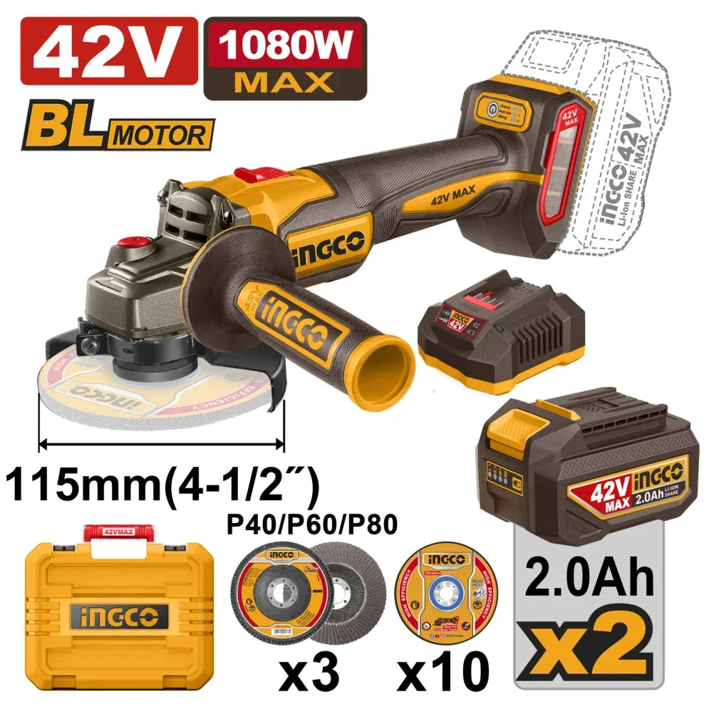 INGCO صاروخ زاوية لاسلكي 42V+2BAT
