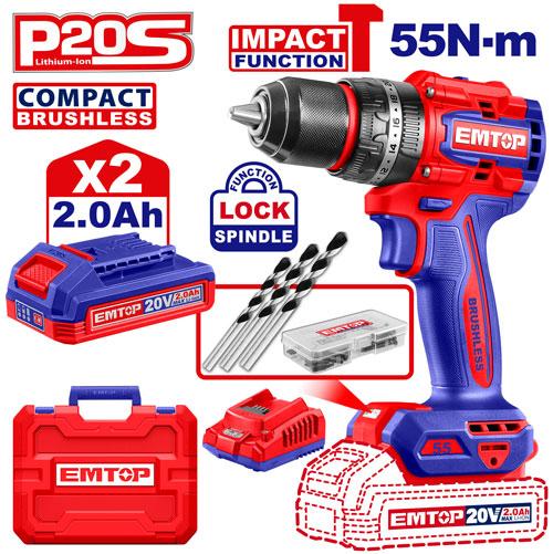 EMTOP PERCEUSE/VISSEUSE À PERCUSION SANS FIL 20V  55NM + 2 BATTERIES 2.0AH [ECIDL20558]