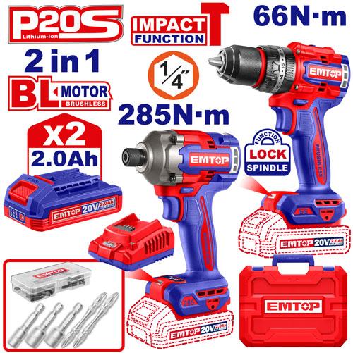 EMTOP PACK PERCEUSE À PERCUSSION 66NM + VISSEUSE À CHOC 285NM + 2 BATTERIES 2.0AH 