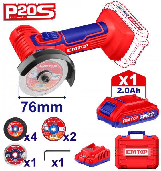 EMTOP MINI MEULEUSE 76MM SANS FIL 20V + BATTERIE 2.0AH [ELAG76017]