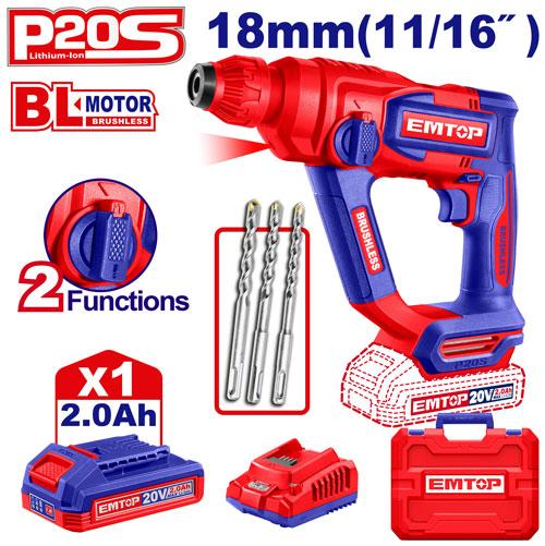 EMTOP MARTEAU PERFORATEUR 18MM SANS FIL 20V + BATTERIE 2.0AH 