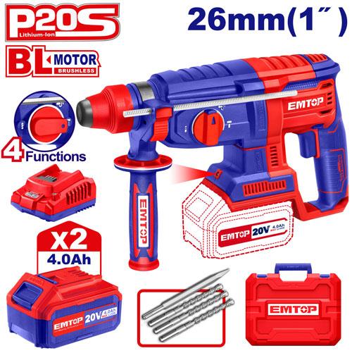 EMTOP MARTEAU PERFORATEUR 26MM SANS FIL 20V + 2 BATTERIES 4.0AH [ELRH202287]