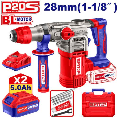 EMTOP MARTEAU PERFORATEUR 28MM SANS FIL 20V + 2 BATTERIES 5.0AH [ELRH202885]