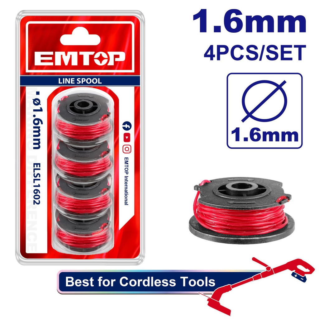 EMTOP JEU DE 4 BOBINES DE FIL COUPE BORDURE Ø1,6MM - LONG 5M  