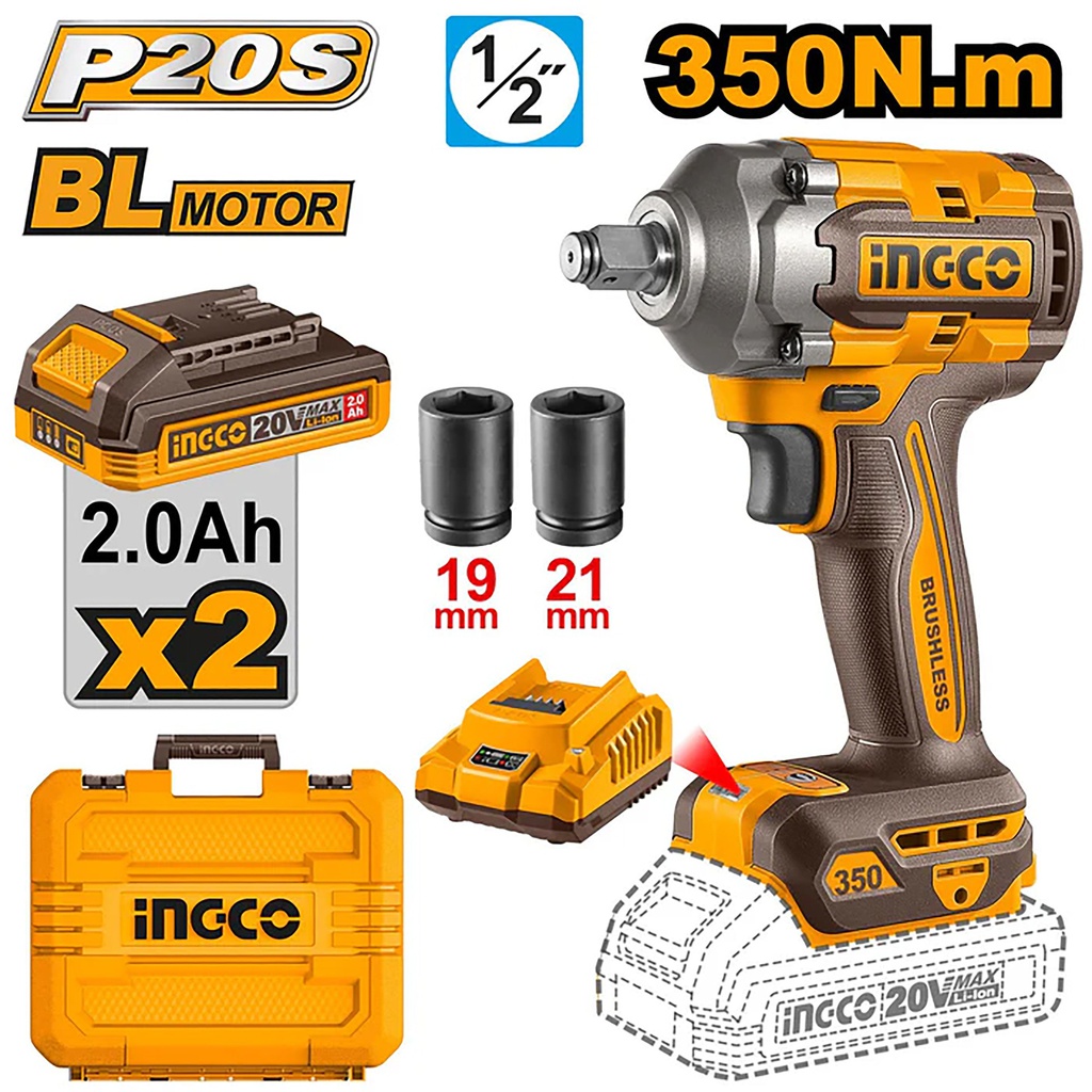 INGCO BOULONNEUSE À CHOC 1/2 20V 350 NM 2BATT BRUSHLESS INGCO 