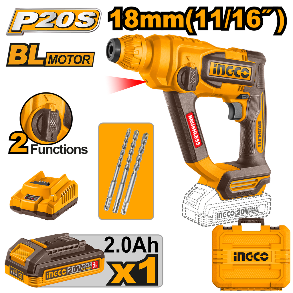 INGCO BRUSHLESS ROTARY HAMMER 20V 18MM INGCO