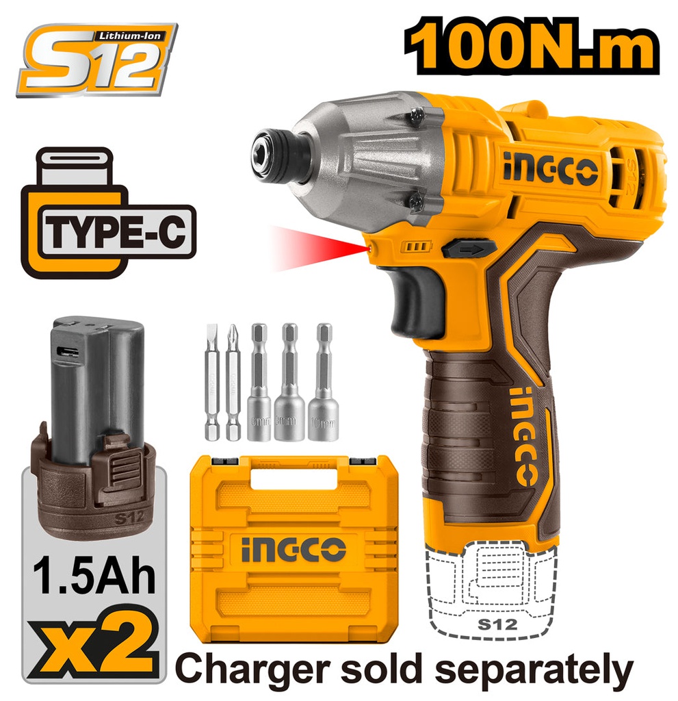 INGCO IMPACT WRENCH 12V 100N.M INGCO WITH 2 BATTERIES TYPE-C