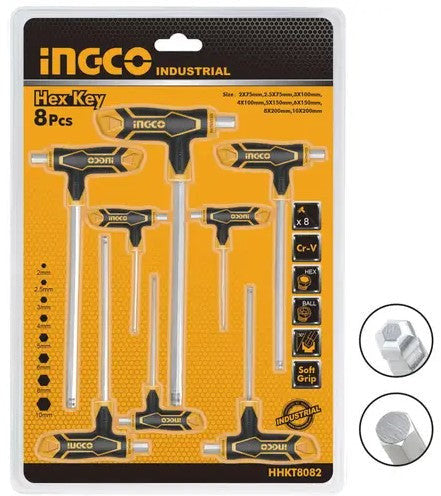 INGCO 8 قطعة T-HANDLE BALL نقطة سداسي WRENCH طقم