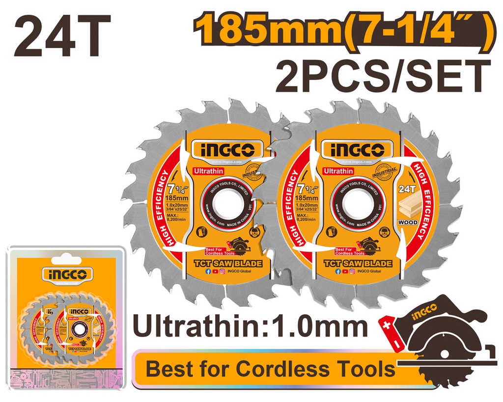 INGCO طقم 2 شفرات منشار TCT ULTRA-FINES 185MM
