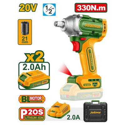 JADEVER مفتاح صدم بدون فحم 20V 1/2 2BATTERIES شاحن 330NM