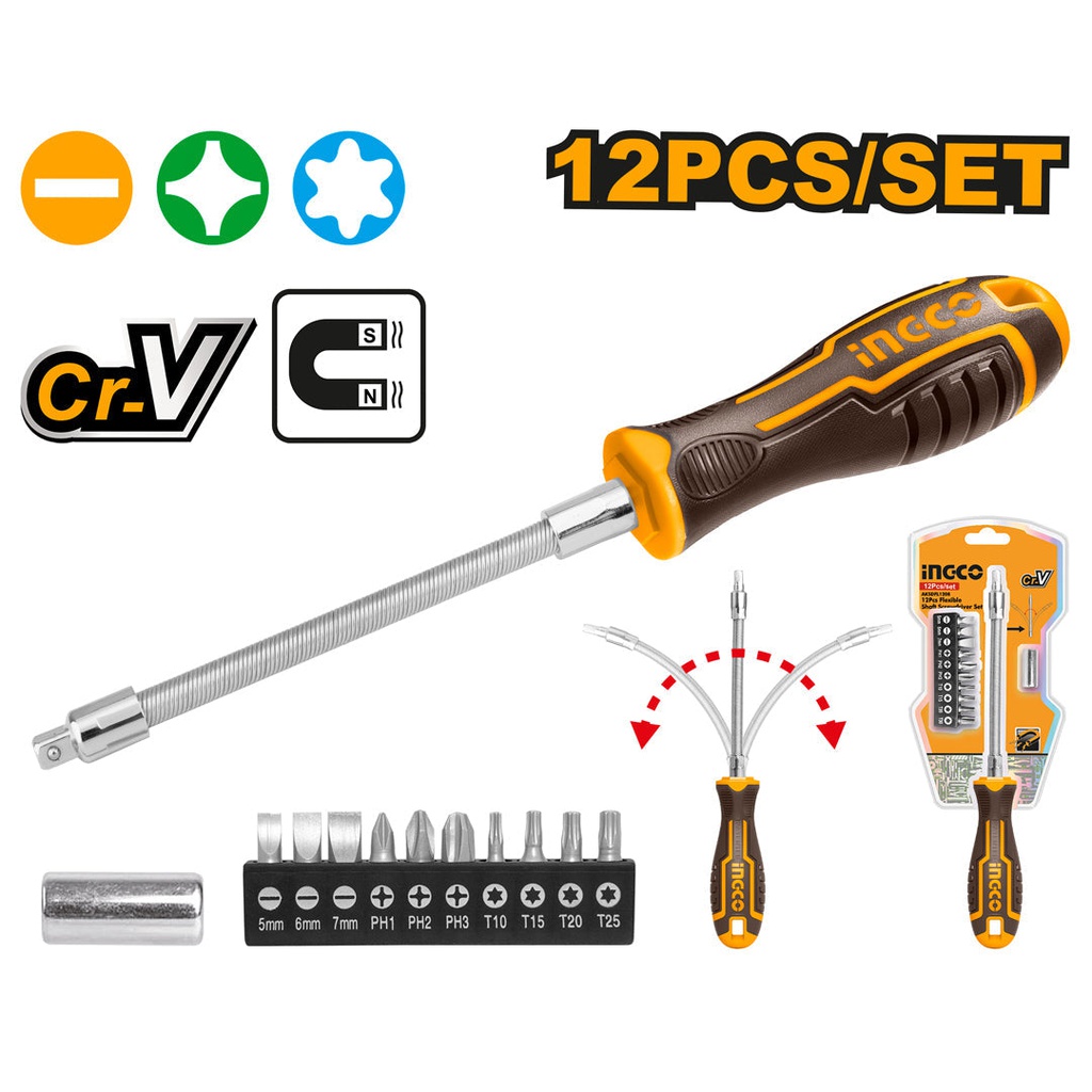 INGCO TOURNEVIS JEU DE 12 PIECES A MANCHE FLEXIBLE [AKSDFL1208]