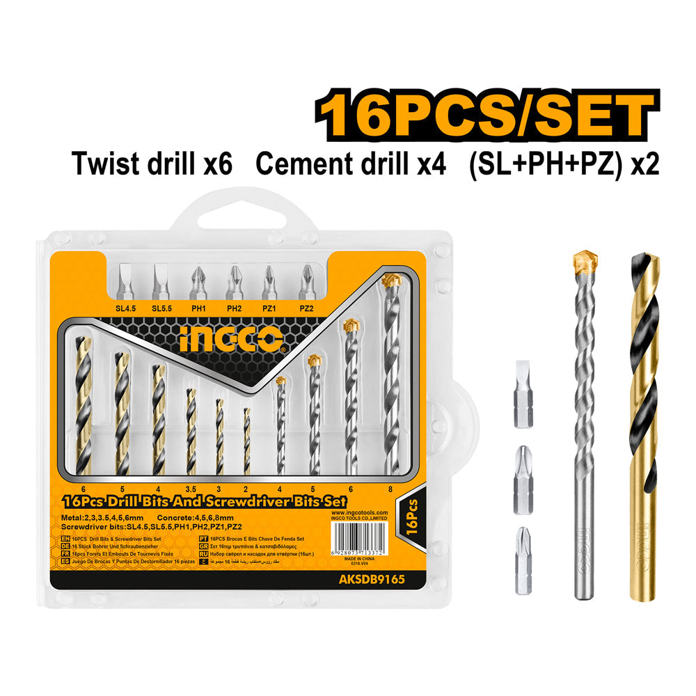 INGCO SET DE FORETS ET EMBOUTS  16 PIECES [AKSDB9165]