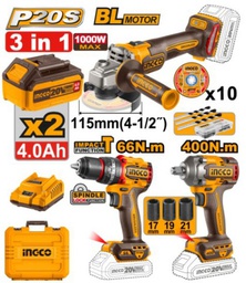 [COSLI241291] INGCO PACK PERCEUSE+MEULEUSE+BOULONNEUSE BRUSHLESS 20V