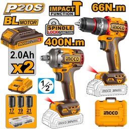 [CKLI20275] INGCO PACK 2 MACHINES BRUSHLESS SCREWDRIVER 66NM + IMPACT WRENCH 20V