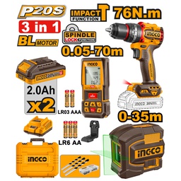 [COSLI250511] INGCO PACK VISSEUSE 76NM + TELEMETRE LASER 70M + NIVEAU LASER 2L   