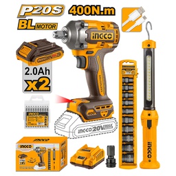 [COSLI23048] INGCO PACK IMPACT WRENCH 400NM BRUSHLESS 20V+10 DOUILLES+BALADEUSE