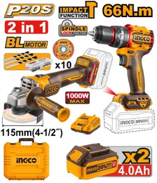 INGCO PACK 2 MACHINES MEULEUSE+VISSEUSE 66NM 20V 2X4AH  [CKLI20273]