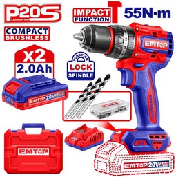 EMTOP PERCEUSE/VISSEUSE À PERCUSION SANS FIL 20V  55NM + 2 BATTERIES 2.0AH [ECIDL20558]