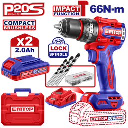 [ECIDL20668] EMTOP PERCEUSE/VISSEUSE À PERCUSION SANS FIL 20V 66NM + 2 BATTERIES 2.0AH [ECIDL20668]