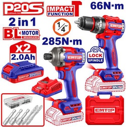 EMTOP PACK PERCEUSE À PERCUSSION 66NM + VISSEUSE À CHOC 285NM + 2 BATTERIES 2.0AH [ECKL20277]