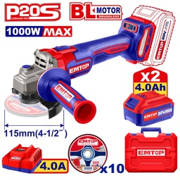 EMTOP MEULEUSE 115MM 1000W SANS FIL 20V + 2 BATTERIES 4.0AH [ELAG271532]