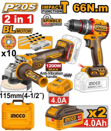 [CKLI20256] INGCO PACK 2 MACHINES MEULEUSE 1200W+VISSEUSE 66NM 20V 2X4AH [CKLI20256]